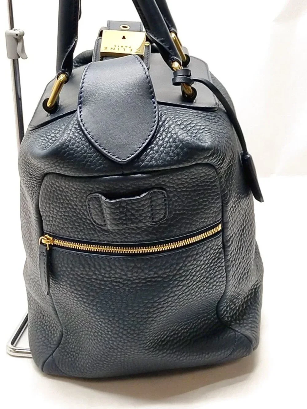 Authentic Celine Navy Blue Pebbled Leather Padlock Top Handle Doctor Satchel Bag